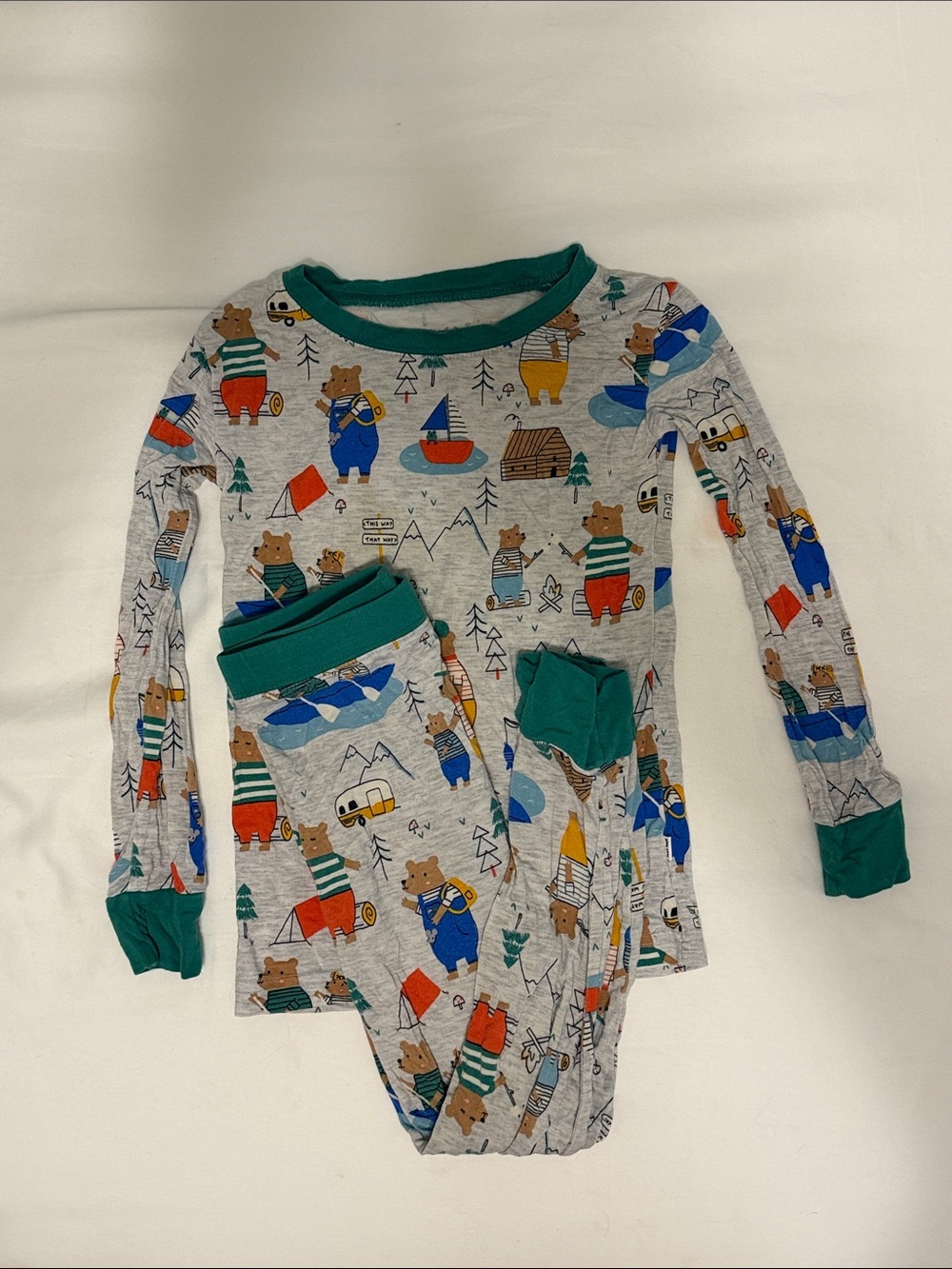 Little Sleepies Gray Bear Camping Pajama Set with Green Trim